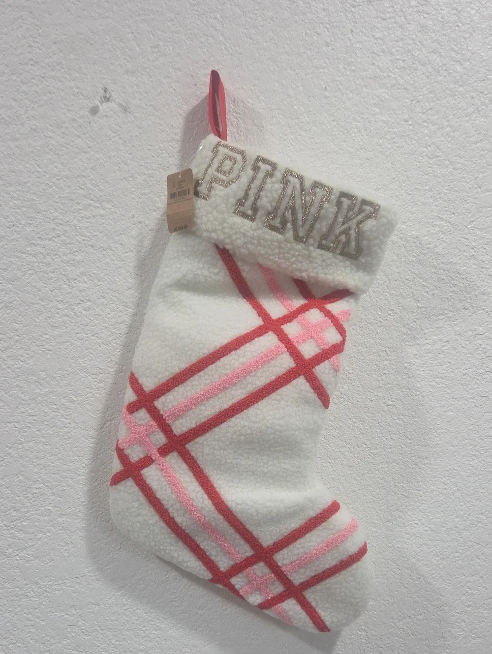 PINK Sherpa Plaid Holiday Stocking in White and Pink